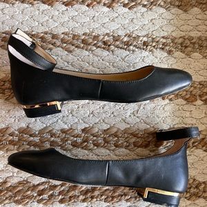 Vince Camuto Black Leather Ballerina Flats with Ankle Strap